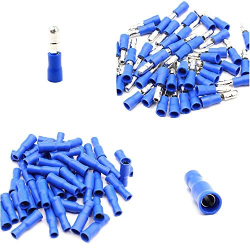100 tlg. Rundstecker + Rundsteckhülsen Kabelschuhe Set isoliert blau 1,5-2,5mm² Steckmaß 4mm Teilisoliert PVC Steckverbinder Kabelsteckschuhe Verbinder