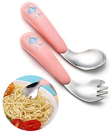 Silent Kinder Besteck Set Gebogener Griff Training LöFfel Gabeln Edelstahl Baby LöFfel Gabel Gebogen FüTterlöFfel Baby LöFfel Gabel Set Griff HitzebestäNdig, Selbstlernende LernlöFfel (pink)