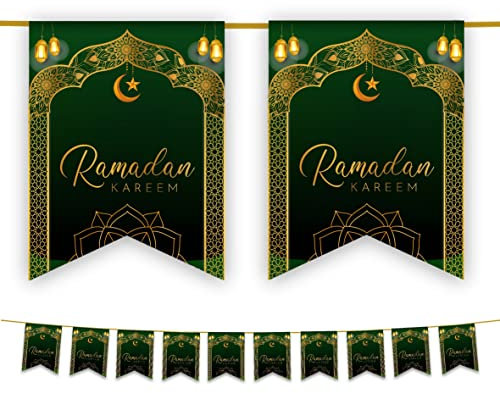 Ramadan Mubarak Kareem Bunting Party Flags - Ramadhan Decorations Banner Partyware Black Green Blue Floral White Gold 10 Flags (Green & Gold)