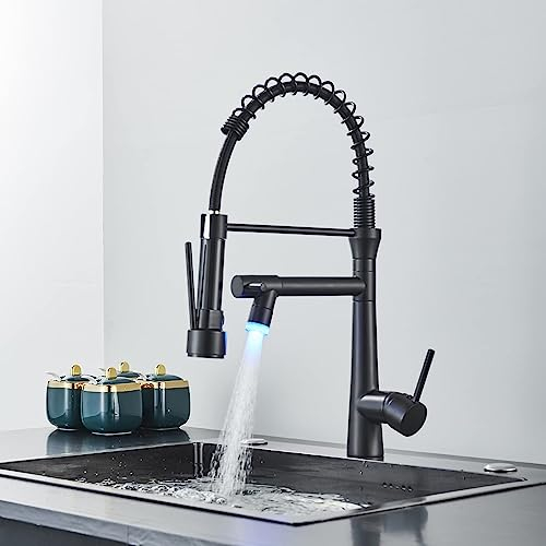 Wasserhahn Küche Schwarz Hochdruck Küchenarmatur mit 2 Sprühfunktionen 360° Drehbare Mischbatterie Spültischarmatur mit Herunterziehen Brause Messing Armatur Küche