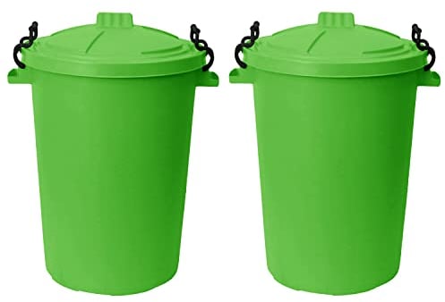 Set Of 2: 50 Litre Clip Lock Storage Bins - Large Heavy Duty Plastic Kitchen Bins - Waste, Rubbish, Compost & Animal Feeding - Made in UK. Lime Green