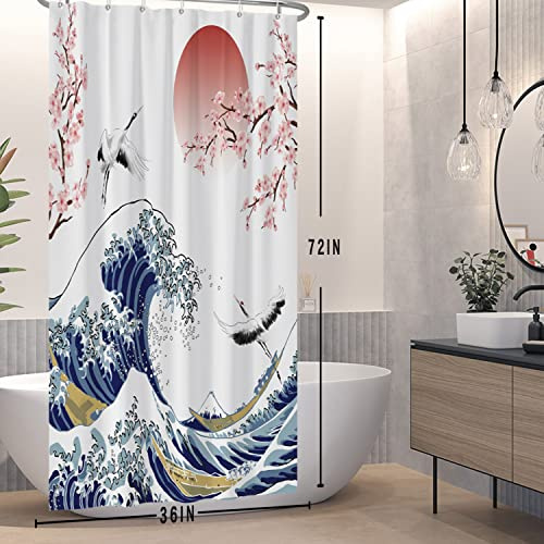 SDOTPMT Rideau de douche en forme de vague de 90 x 180 cm, motif fleurs de cerisier asiatique, peinture à l'encre, rideau de bain pour décoration de salle de bain, tissu imperméable avec crochets