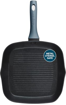 Salter Excellence Griddle Pan 28 Cm, Nonstick, Forged Aluminium | Thermo Collar Heat Indicator, Induction Hob Safe, Heat-Resistant Exterior, Easy-Clean Coating, Grey Finish