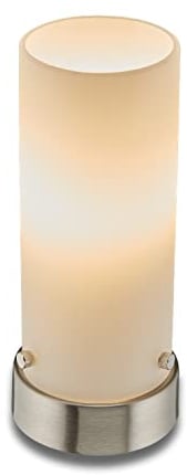 KHG Tischlampe Zylinderlampe, Lampenschirm aus Glas satiniert, Nachttischlampe mit hochwertigem Metallfuß, E14 Fassung ohne Leuchtmittel, Lampe mit Kippschalter, Moderne Tischleuchte