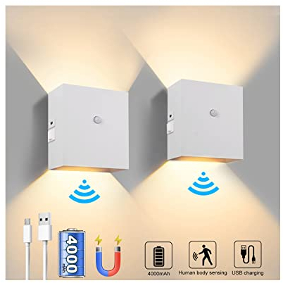 Wandleuchte Innen Lampe mit Bewegungsmelder Innen Batterie 7W 2PC, Wandleuchte Akku Aluminium 4000mAh Aufladbare Wandleuchte Ohne Stromanschluss Magnetische Flurlampe für Schlafzimmer -Warmweiß