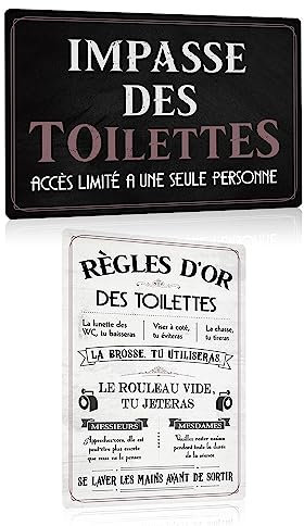 Lot de 2 - Toilettes Plaque Metal avec Humour Citation Français - Les règles des Toilettes - Drôle WC Panneau Pancarte - Decoration Murale Pour Maison Salle de Bain 20x30cm (Set 06)