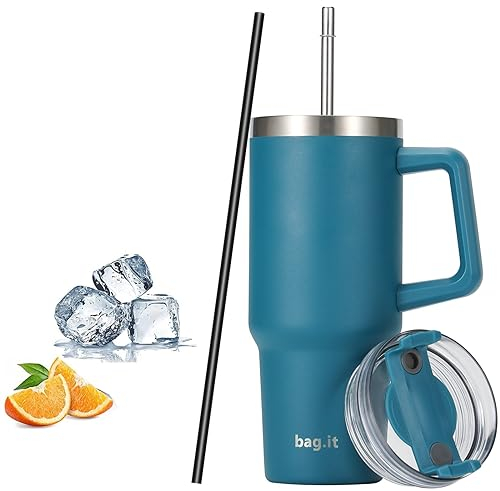 Travel Mug with Straw and Lid 30oz, Tumbler with Handle, Stainless Steel Double Wall Travel Flask with +2 Straws | Vacuum Insulated Water Bottle for Hot or Iced Drink (Blue, 900oz)