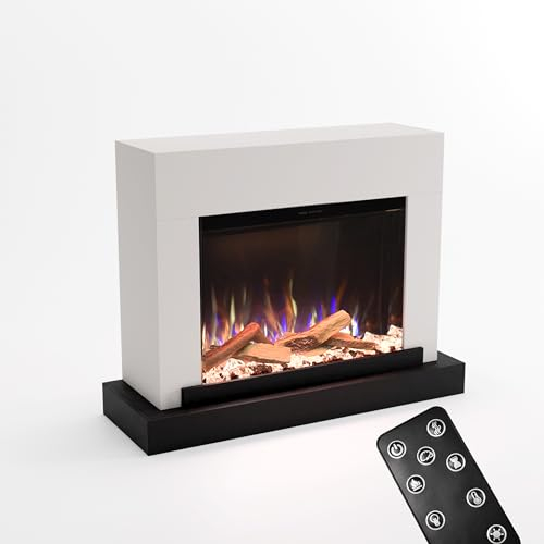 GLOW FIRE Kaminofen PR4 mit realistischem 3D E-Motion LED-Feuer - Stand-Elektrokamin mit Heizung, Kaminfeuer & Timer, max. 1500 W, 126x97x43 cm, Beton