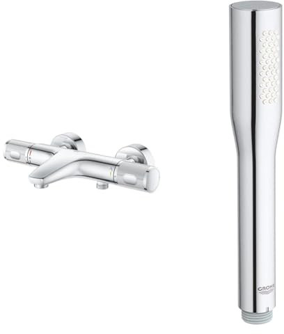 GROHE Mitigeur thermostatique douche Precision Feel, montage mural, indicateur & Get Stick Pommeau de douche 1 jet, Douchette Economie d'eau, Facile à installer et à nettoyer, Chromé