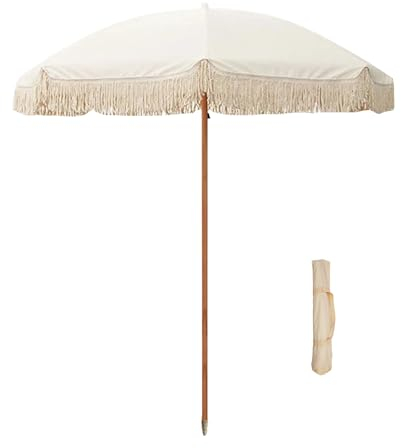 Sljovexity Parasol De Plage 200 Cm Avec Sac De Transport, Parasol À Frange Blanc, Parasol Droit Rond Imperméabilisée Protection Solaire UPF 50+, Sans Base, Pour Balcon Patio Terrasse Exterieur