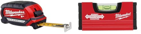 Milwaukee 4932464600 MIL00303 Mètre à Ruban magnétique 8mx27mm MILWAUKEE-4932464600 & Niveau Milwaukee 4932459100 -Rouge - 0,5 mm