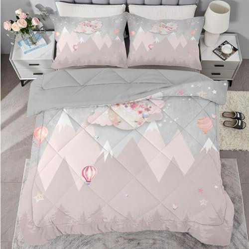 buyluhn Bettdecke 135x200 Ohne Bezug Nutzbar,4 Jahreszeiten Bettdecken HeißLuftballon und Berge Kinder Steppdecke Grau Rosa Ganzjahresdecke,Waschbar Bettzeug mit 1 Kissenbezug für Sommer Winter