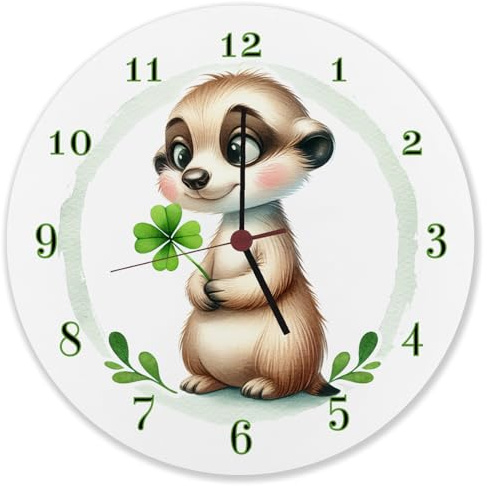 speecheese Erdmännchen mit Kleeblatt Wanduhr aus Alu Glücksbringer Niedlich Süßes pflanzenliebendes Tier Grüner Akzent für Ihr Zuhause