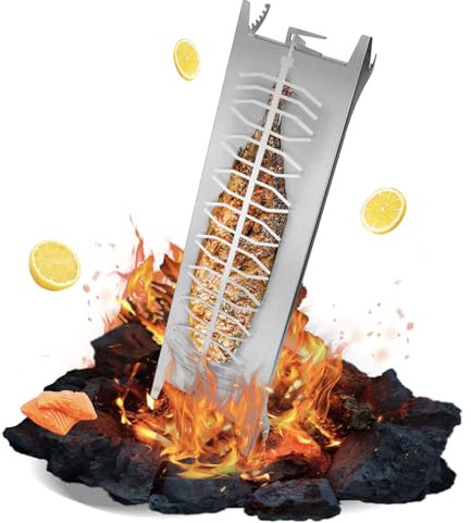 Julymoda Flammlachsbrett Edelstahl mit Halterung 58 * 18 * 5cm Extra Groß, 5 Stufen Winkelsystem | 20 Fischfilethalterung Flammlachs Fisch Flammlachsbretter für Feuerschalen Grillpartys Camping