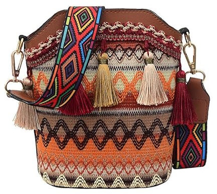 Yomotay Ethnische Tasche Damen, Vintage Bunte Handtasche Klein Umhängetasche Boho Stickerei PU Canvas Bag Umhängetasche für Frauen Mädchen Geschenke - Braun
