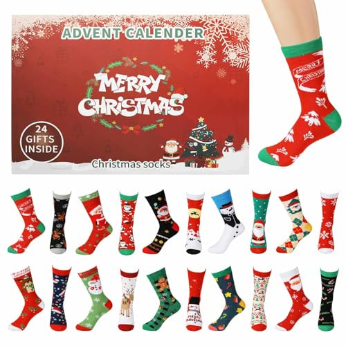 Adventskalender 2024 Herrensocken, Adventskalender Jungen, 24 Tage Weihnachts-Countdown, Blindbox-Spielzeug, lustiges Weihnachtssocken-Set, 24 Stück, Weihnachtssocken, Weihnachtsbaum, Elch,