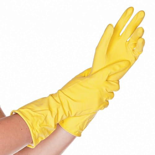 FRANZ MENSCH 288 Stück Hygostar Haushaltshandschuhe Bettina | Latex, gelb, 8/M, L: 30 cm, Karton, Haushaltshandschuhe, Reinigungshandschuhe
