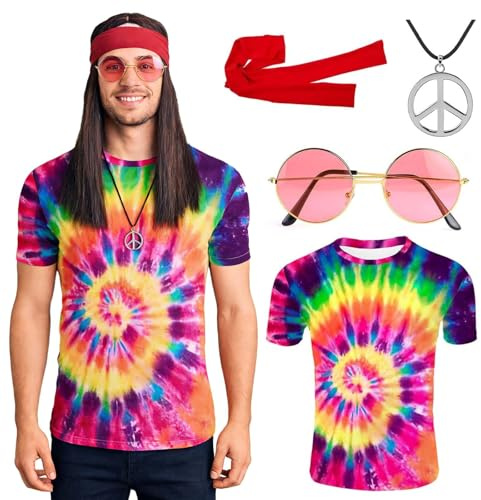 Betensh 70er Hippie Kostüm Herren Damen, Accessoires Batik Shirt Hippie Brille Peace Kette, 70er Jahre Outfit Herren für Karneval Cosplay L