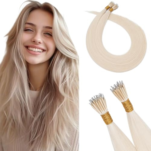 S-noilite Nanoring Extensions Echthaar Platinblond 40cm Remy Echthaar Extensions Nano Ringe Cold Fusion Haarverlangerung Glatt 50g #60