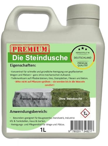 UKAUF Steindusche – 1L Steinreiniger & Grünbelagentferner für bis zu 400 m², Effektiv für Saubere Wege, Pflastersteine, Kiesel und Steinplatten, Biologisch Abbaubar