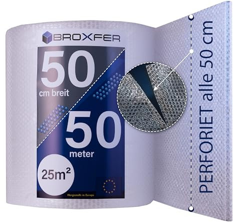 Broxfer Luftpolsterfolie Rolle perforiert 50cm x 50m Polsterfolie für Umzug/Versand 2-schichtig Verpackungsfolie LPF