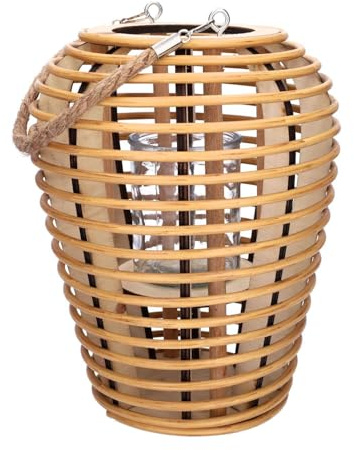 INNA-GLAS Holzlaterne ANDRINO mit Kerzenglas, Henkel, beige, 28cm, Ø21cm - Rattan Laterne