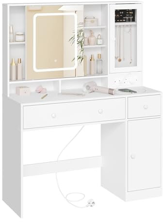 WOLTU White Dressing Table with Charging Station, Makeup Desk with Sliding Mirror, LED Lights Dimmable, Drawers, Jewellery Cabinet, Side Shelving Unit, MB6125ws