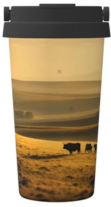 KAPPTYY Divertida taza de café reutilizable con tapa con estampado de vaca de las Tierras Altas, taza de café de acero inoxidable para bebidas frías y calientes, regalo ideal