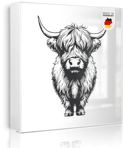 banjado Großer Schlüsselkasten Metall - Schlüsselbox 30x30cm beschreibbarer mit 32 Haken - Schlüsselkasten modern für Schlüsselaufbewahrung - Korpus Weiß Scharnier Links - Motiv Hochlandrind