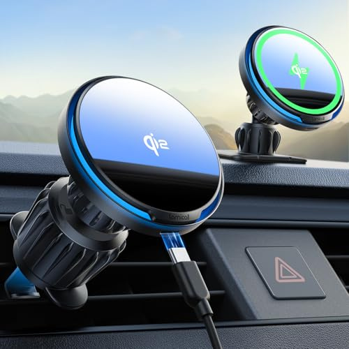 Lamicall Qi2 15W Cargador Inalámbrico Coche para MagSafe, con Ventilador | Chip Inteligente, 360° Rotación, para Salpicadero & Rejilla de Ventilación, Soporte Movil Coche con Gancho de Metal
