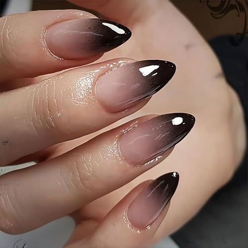 24 Pcs Black Ombre Press on Nails Short Almond, Goth False Nails, Reusable Stick on Nails for Women, Girls, Beginners for Halloween Manicure, Parties (Glossy)