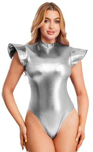 Agoky Damen Weltraum Astronaut Body Kurzarm Metallic Bodysuit Slim Fit Bodycon Stretch Einteiler Tanzbody Rüschen Rollkragen Oberteile Tops mit Slip