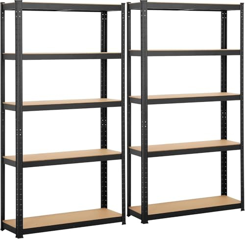 Steinweg Lot de 2 étagères pour charges lourdes - 180 x 90 x 40 cm - Charge maximale : 875 kg - 0,63 mm - 5 panneaux MDF réglables - Étagère de rangement - Pour cave, atelier, noir laqué
