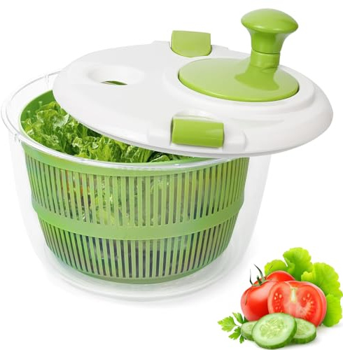 5L Salad Spinner – Small Salad Washer and Spinner, Lettuce Spinner with Vegetable Washing Basket and Serving Bowl, Household Fruit Drainer Salad Dryer, Kitchen Spinner, Green