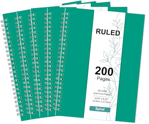 RICHER HOUSE Notizbuch A5 liniert, 80 GSM Spirale Notizblock, 5 Stück | 100 Blatt/200 Seiten Collegeblock, Hardcover Notizblock Abreißbar mit 7mm, Notebooks für Zuhause, Schule und Büro, Grün