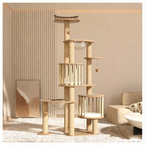 Multi-Level Cat Tree Thickened MDF with Lookout Platform Cat Tower Rattan Scratching Post 2 Space Pods with Ladder with Teaser Ball Wide Jumping Platform Cat Bed with Fence
