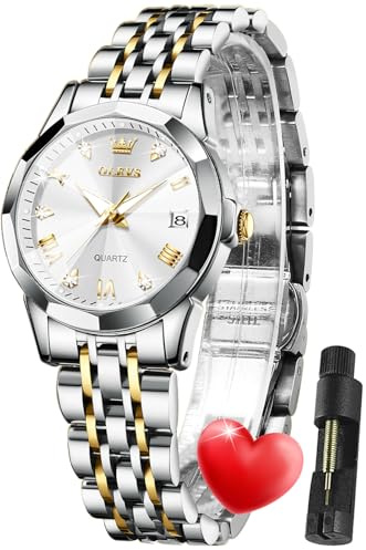 OLEVS Damen Uhr Quarzuhr mit Diamant Edelstahlarmband Datumsanzeige Wasserdicht Elegante Damenuhr für Frauen