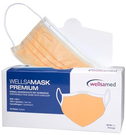 Wellsamed wellsamask Mundschutz OP-Masken Einweg 50 Stück orange Gummibänder 3-lagig