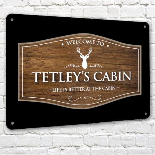 Personalised holiday cabin sign, wood effect, stag head A4 metal bar sign plaque wall art