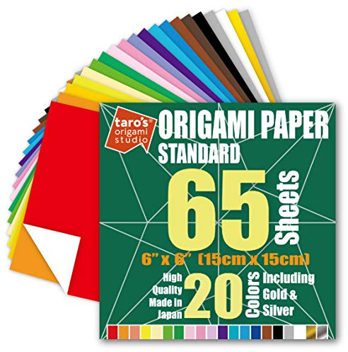 [Taro's Origami Studio] Standard 6 Inch One Sided 20 Colors 65 Sheets Square Easy Fold Premium Japanese Paper for Beginner (Gold and Silver Included) Made in Japan