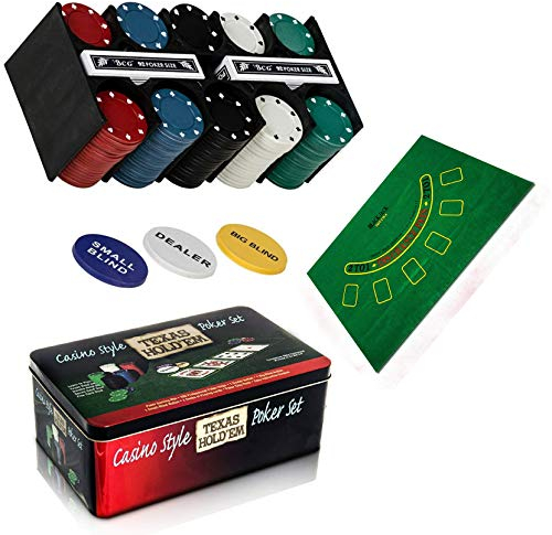 ALAYSTAR Juego profesional de 200 piezas de casino Texas Hold'em póker y blackjack juego con caja de lata de regalo fuerte
