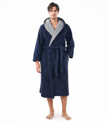 DAVID ARCHY Robe de Chambre Homme Polaire Velours Double Face Peignoir Long à Capuche Certifié Oeko-TEX® Vêtements de Nuit Chaude Doucement Confortables Peignoirs de Bain Bleu L