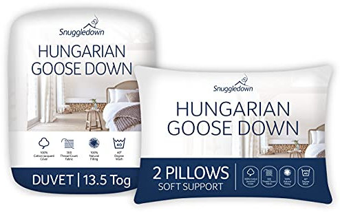 Snuggledown Hungarian Goose Down Super King Duvet - 13.5 Tog Warm Winter Premium Quilt Ideal for Cold & Chilly Nights, 2 Soft Pillows - Jacquard Cotton Cover, Machine Washable, Size (260cm x 220cm)