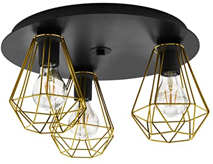 EGLO Deckenlampe Tarbes 2, 3 flammige Deckenleuchte, Wohnzimmerlampe aus Metall in Schwarz, Messing, Schlafzimmerlampe, Flurlampe Decke mit E27 Fassung, Ø 45 cm