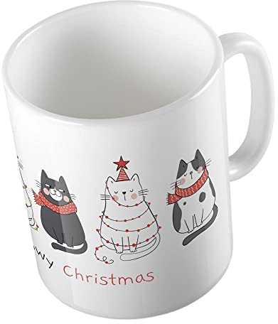 huuraa Kaffeetasse Meowy Christmas Katzen Geschenk Tasse Weiß 330ml Meowy Christmas Katzen Geschenkidee