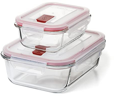 TATAY Set de 2 Fiambreras de Alimentos Cook&Eat (0.37L y 1.1L), Vidrio, Herméticas, Tapa de Clip, Libres de BPA, Aptas para Microondas, Horno, Congelador y Lavavajillas, Color Rojo