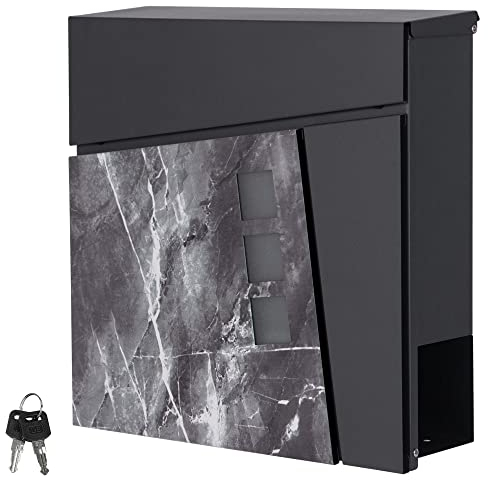 ML-Design Briefkasten 37x36,5x11 cm Anthrazit/Schwarz-Marmoroptik, Stahl, Postkasten mit Zeitungsfach, Schloss, 2 Schlüssel, Moderner Design Wandbriefkasten mit Zeitungsrolle, Mailbox für Wandmontage