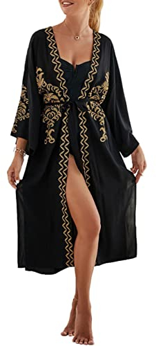Bsubseach Beach Coverup per Le Donne Kimono Cardigan Cover ups per Costumi da Bagno Abiti Estivi Ricamo Nero