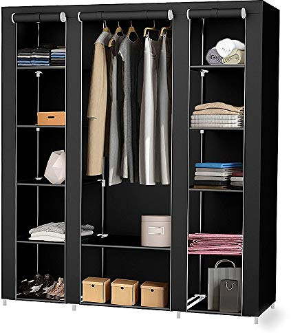 Belfoyer Aufbewahrungsschrank, Kleiderschrank, geruchsneutral, dreitüriger Kleiderschrank aus Vliesstoff, rostfreies Metall, für Garderobe, Schlafzimmer (schwarz, 150 x 45 x 175 cm)