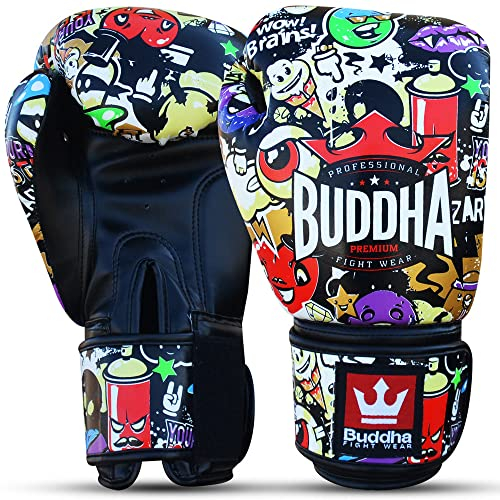 BUDDHA FIGHT WEAR - Guantes de Boxeo Fantasy Zippy - Muay Thai - Kick Boxing - Piel Sintética Tejido Interior Resistente A Olores - Costura Reforzada - Varios Diseños (Multicolor, 14 Onz)